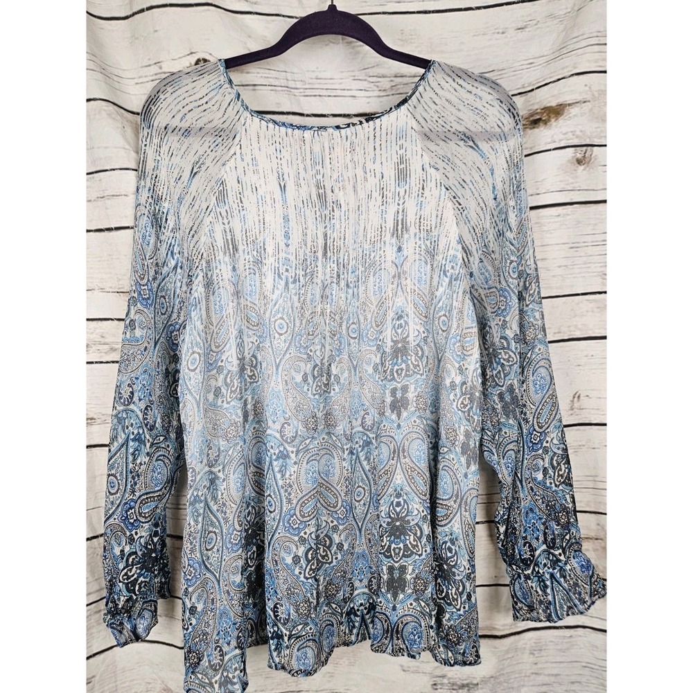 Sundance Blue Chiffon 100% Silk Top XL Fairy Paisley Romantic Boho